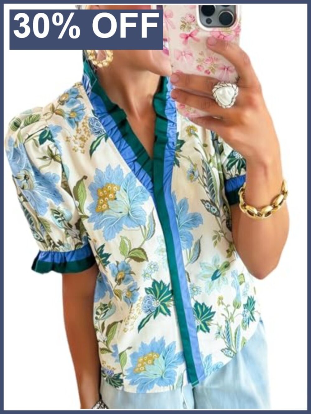 Womens Ruffle Trim Floral Print V-Neck Puff Sleeve Button Down Blouse